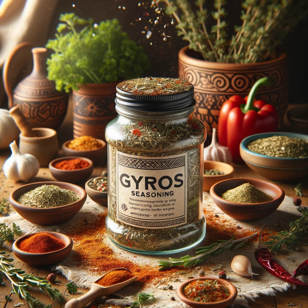 Gyrosgewürz - Verwandeln Sie jede Mahlzeit in ein griechisches Fest - für Gastronomen und Zuhause. Bild KI-generiert.
